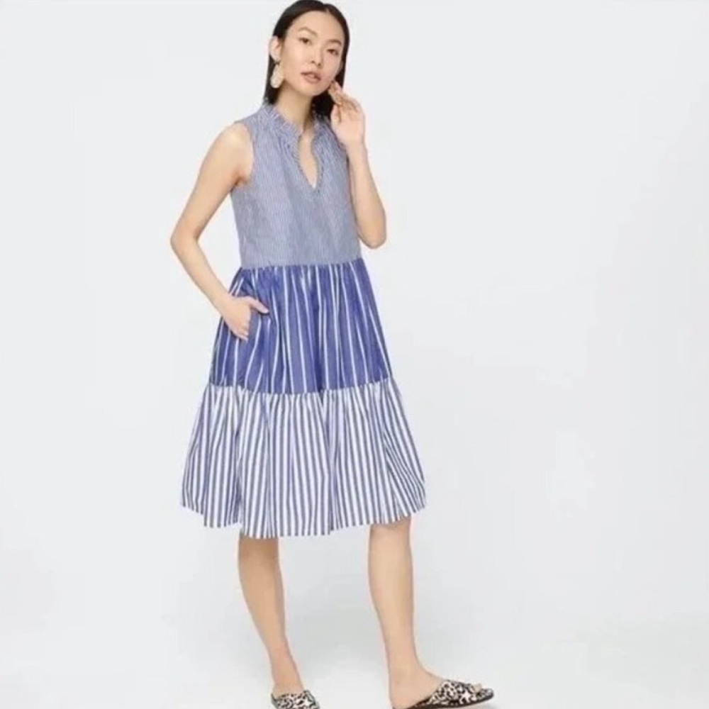 J. Crew Sleeveless Tiered Popover Dress in Mixed Stripe Blue White XS - Picture 2 of 8